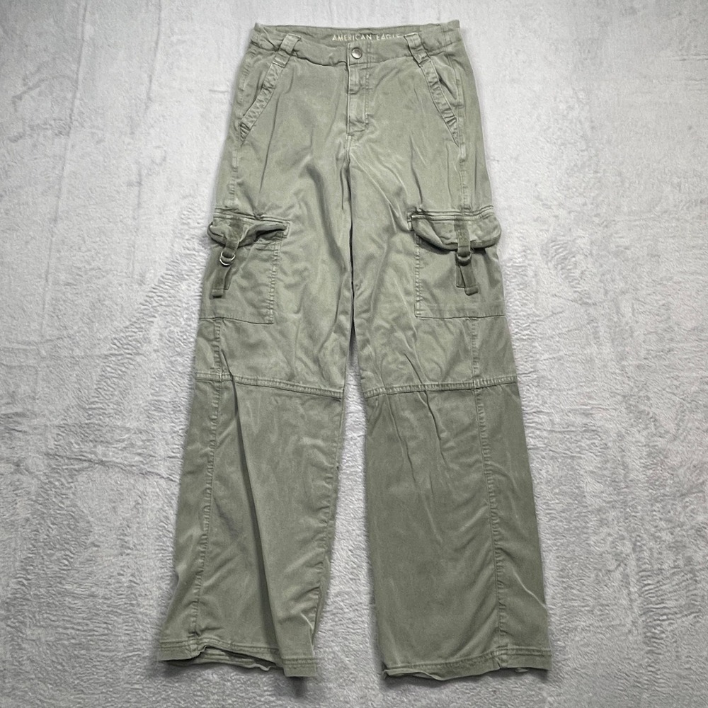 American Eagle Cargo Pants Women 00 Olive Green Super High Rise Baggy Wide Leg